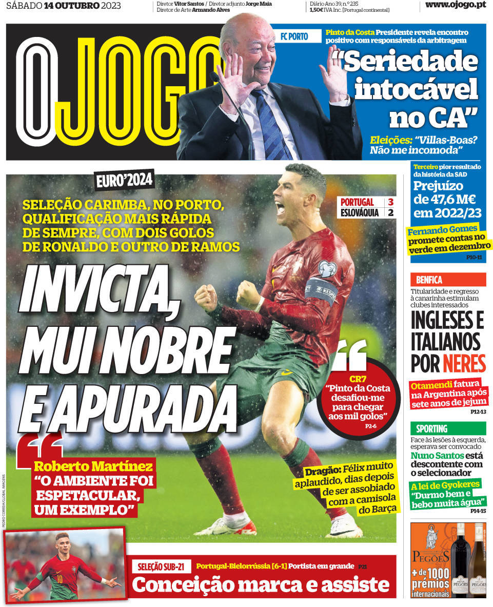 O Jogo: Capa da Edi&ccedil;&atilde;o de s&aacute;bado, 14 de outubro 2023