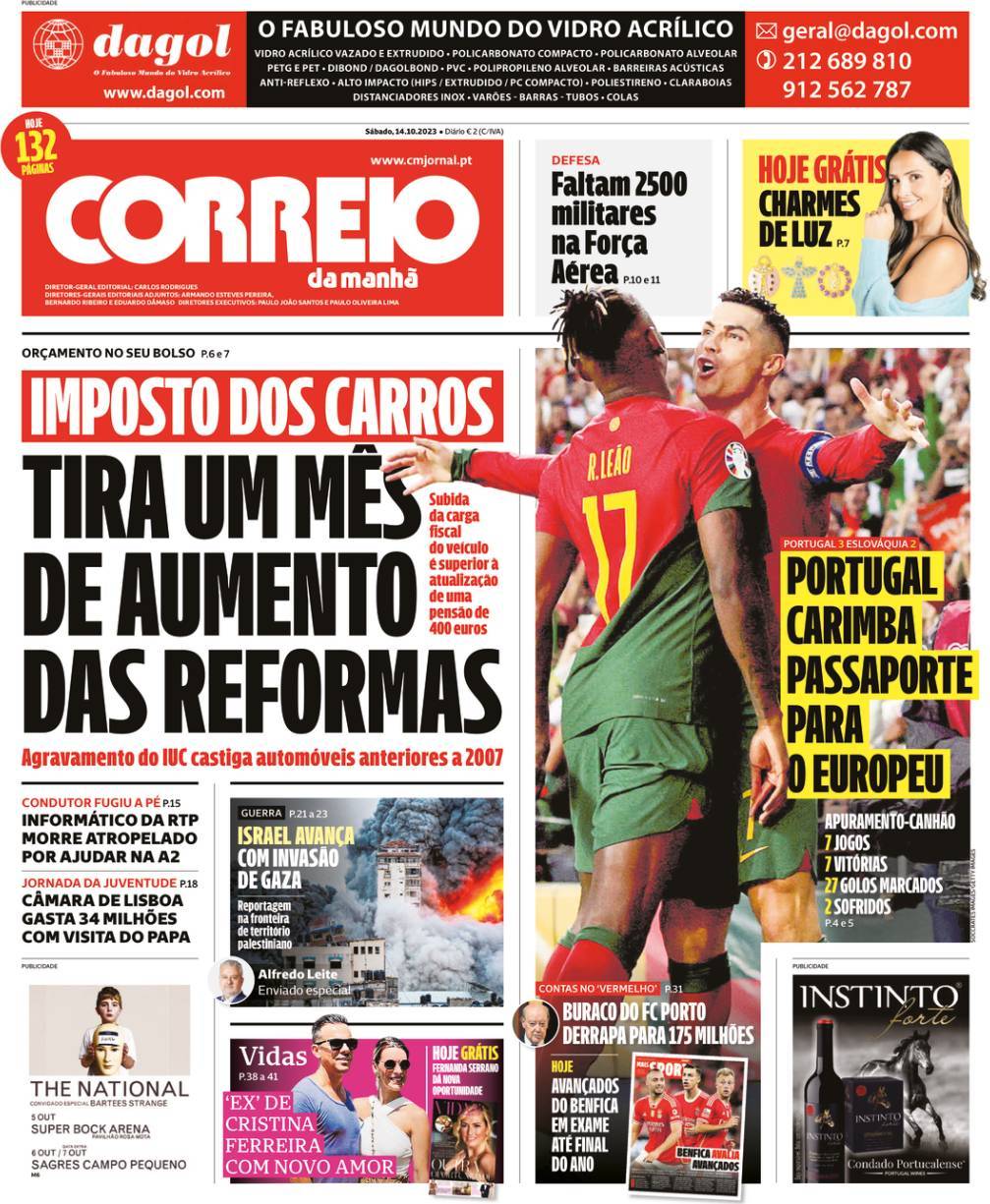 Correio da Manh&atilde;: Capa da Edi&ccedil;&atilde;o de s&aacute;bado, 14 de outubro 2023