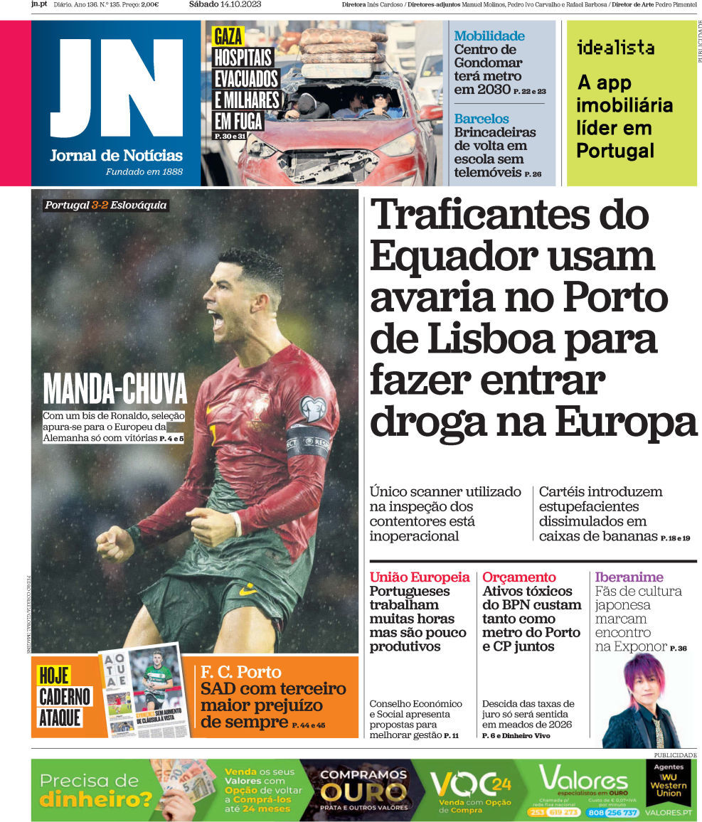 Jornal de Not&iacute;cias: Capa da Edi&ccedil;&atilde;o de s&aacute;bado, 14 de outubro 2023
