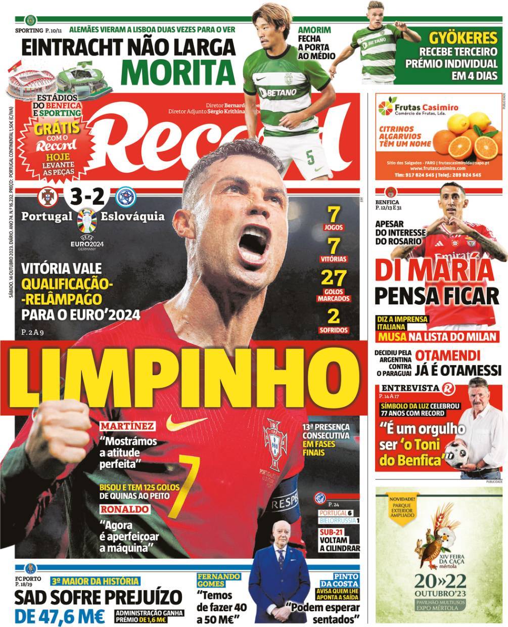 Record: Capa da Edi&ccedil;&atilde;o de s&aacute;bado, 14 de outubro 2023