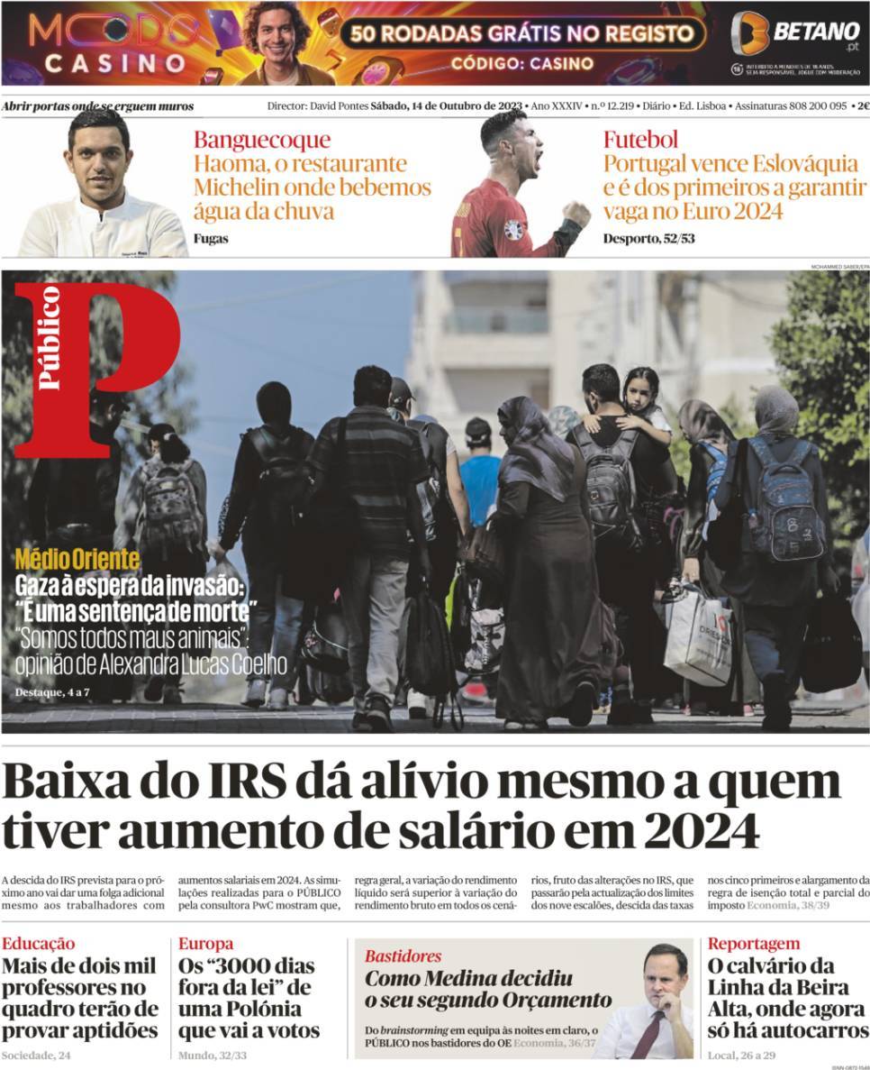 P&uacute;blico: Capa da Edi&ccedil;&atilde;o de s&aacute;bado, 14 de outubro 2023
