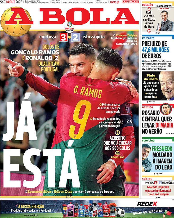 A Bola: Capa da Edi&ccedil;&atilde;o de s&aacute;bado, 14 de outubro 2023