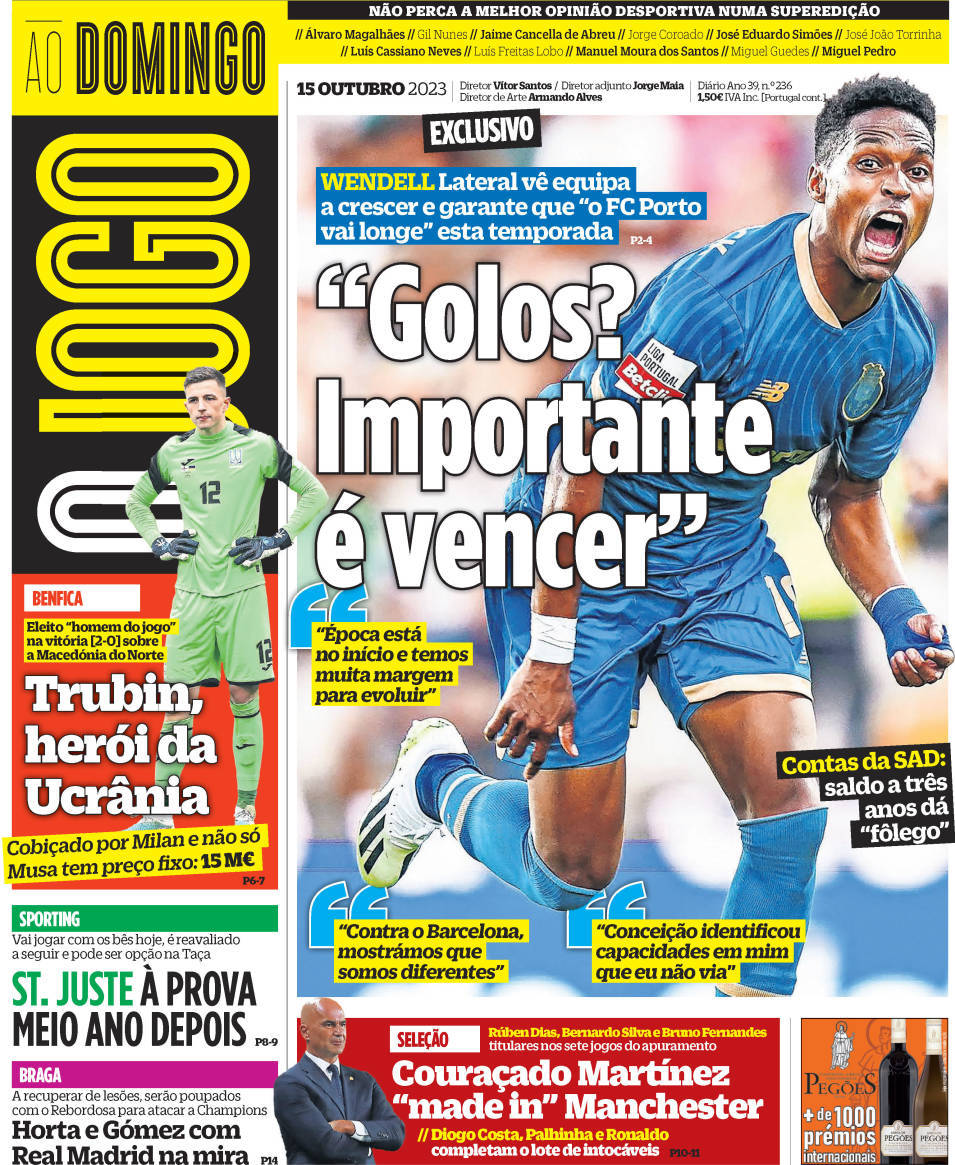 O Jogo: Capa da Edi&ccedil;&atilde;o de domingo, 15 de outubro 2023