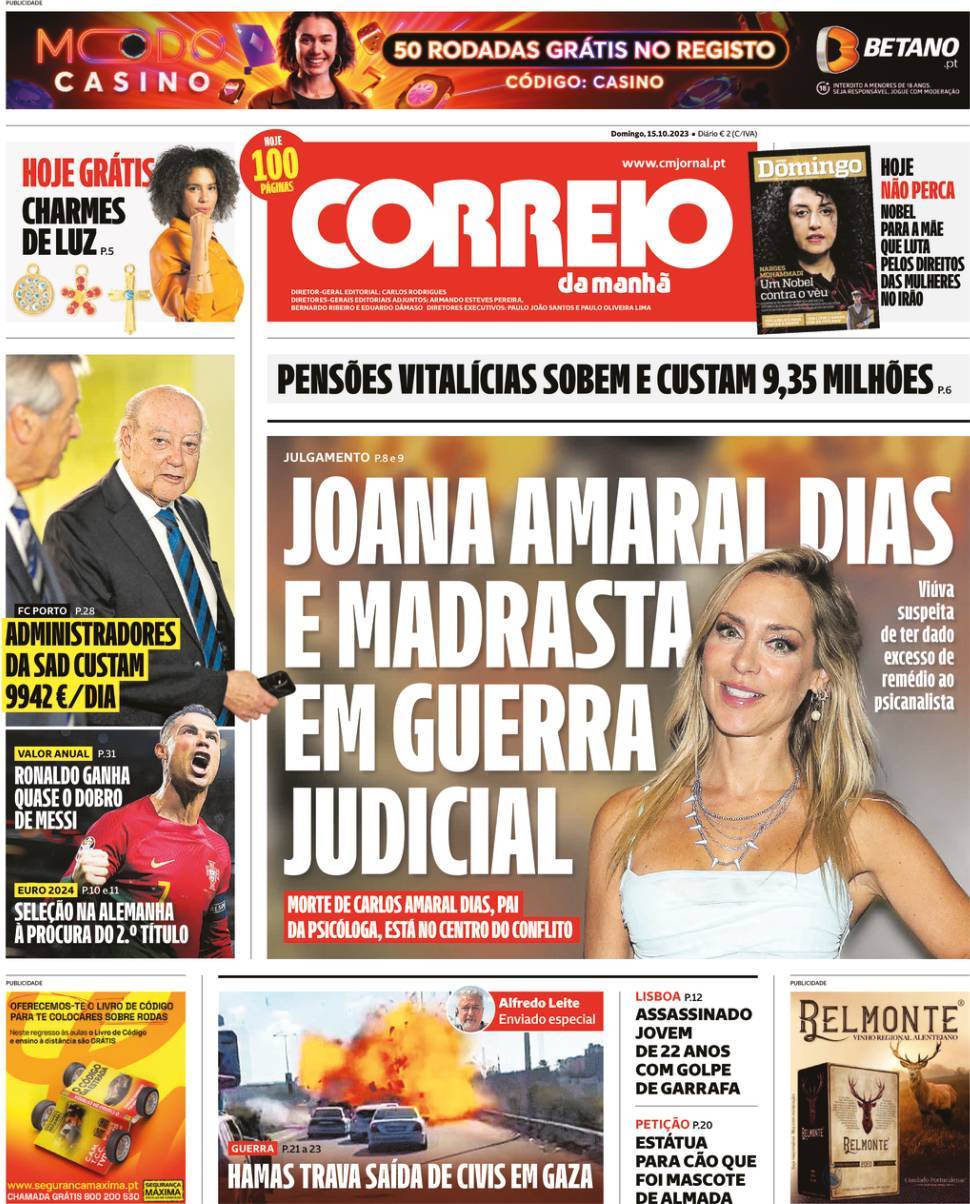 Correio da Manh&atilde;: Capa da Edi&ccedil;&atilde;o de domingo, 15 de outubro 2023
