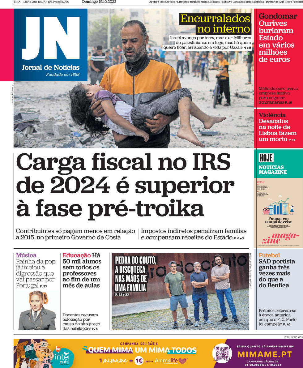 Jornal de Not&iacute;cias: Capa da Edi&ccedil;&atilde;o de domingo, 15 de outubro 2023