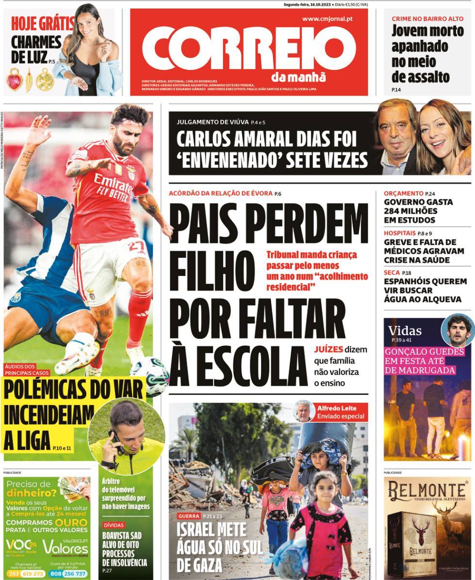 Correio da Manh&atilde;: Capa da Edi&ccedil;&atilde;o de segunda-feira, 16 de outubro 2023