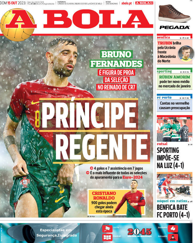 A Bola: Capa da Edi&ccedil;&atilde;o de domingo, 15 de outubro 2023