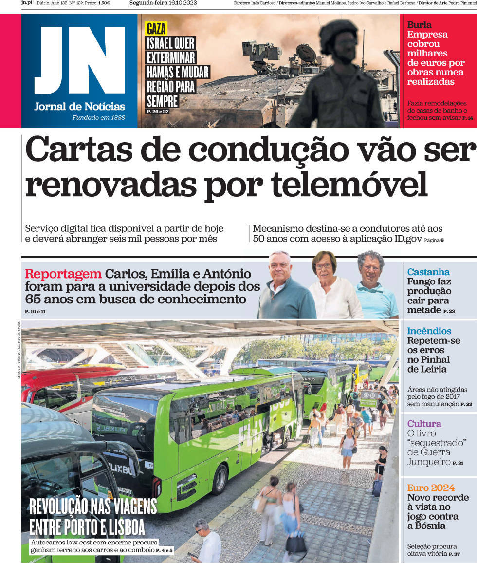 Jornal de Not&iacute;cias: Capa da Edi&ccedil;&atilde;o de segunda-feira, 16 de outubro 2023