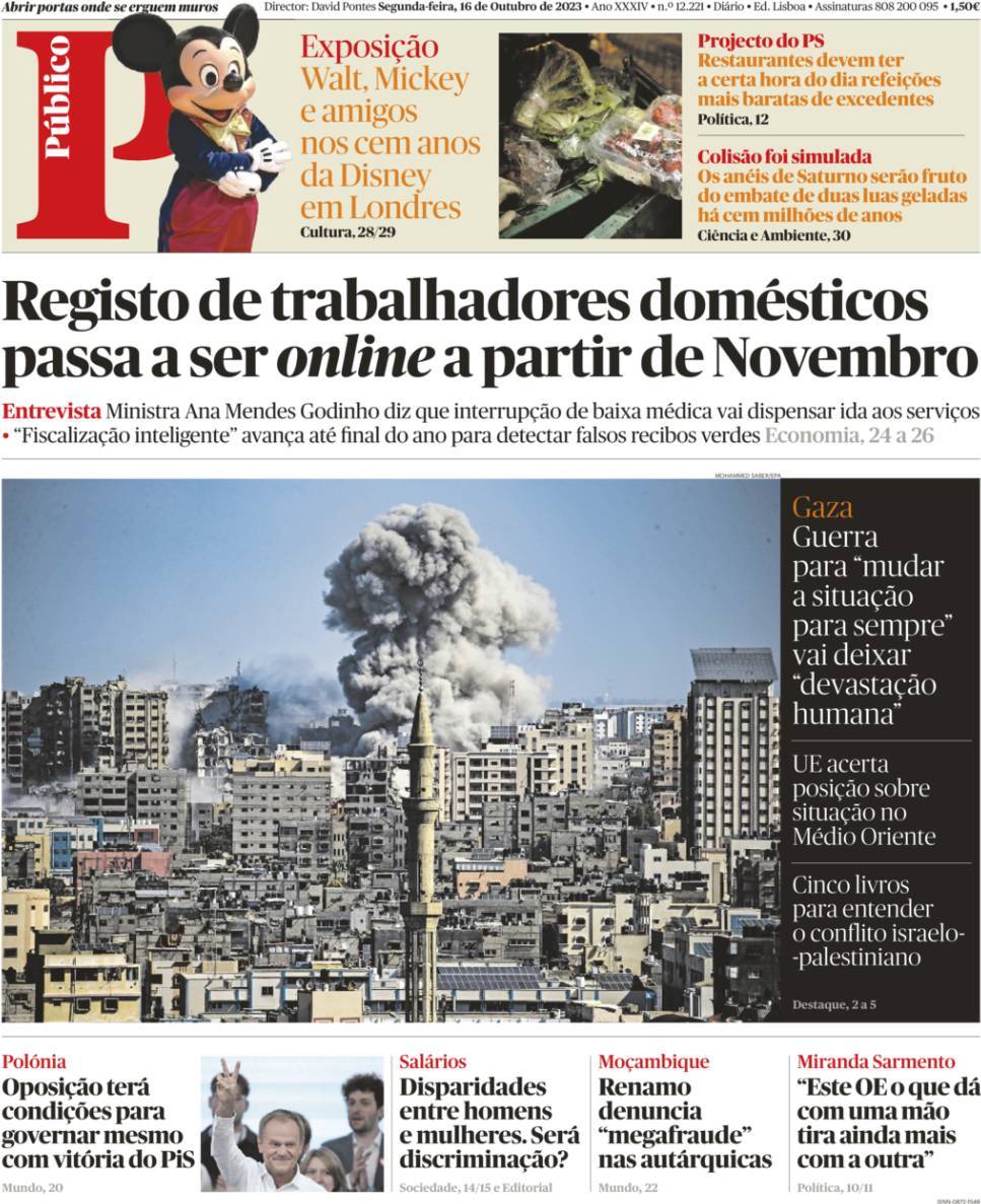 P&uacute;blico: Capa da Edi&ccedil;&atilde;o de segunda-feira, 16 de outubro 2023