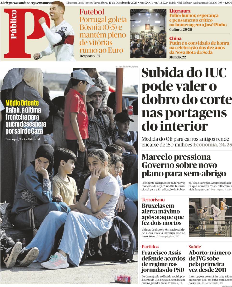 P&uacute;blico: Capa da Edi&ccedil;&atilde;o de ter&ccedil;a-feira, 17 de outubro 2023