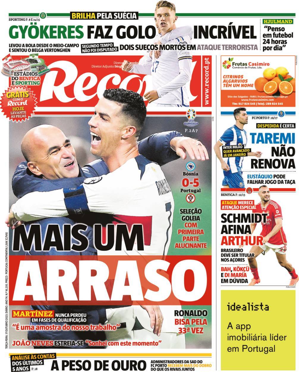 Record: Capa da Edi&ccedil;&atilde;o de ter&ccedil;a-feira, 17 de outubro 2023