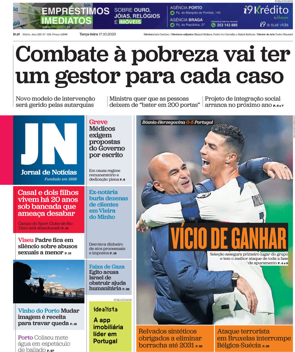 Jornal de Not&iacute;cias: Capa da Edi&ccedil;&atilde;o de ter&ccedil;a-feira, 17 de outubro 2023