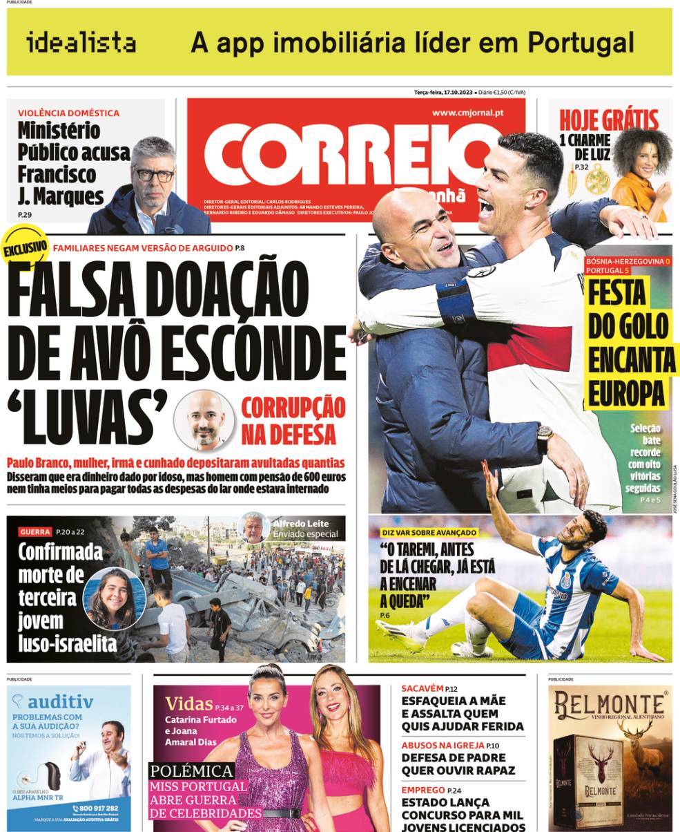 Correio da Manh&atilde;: Capa da Edi&ccedil;&atilde;o de ter&ccedil;a-feira, 17 de outubro 2023