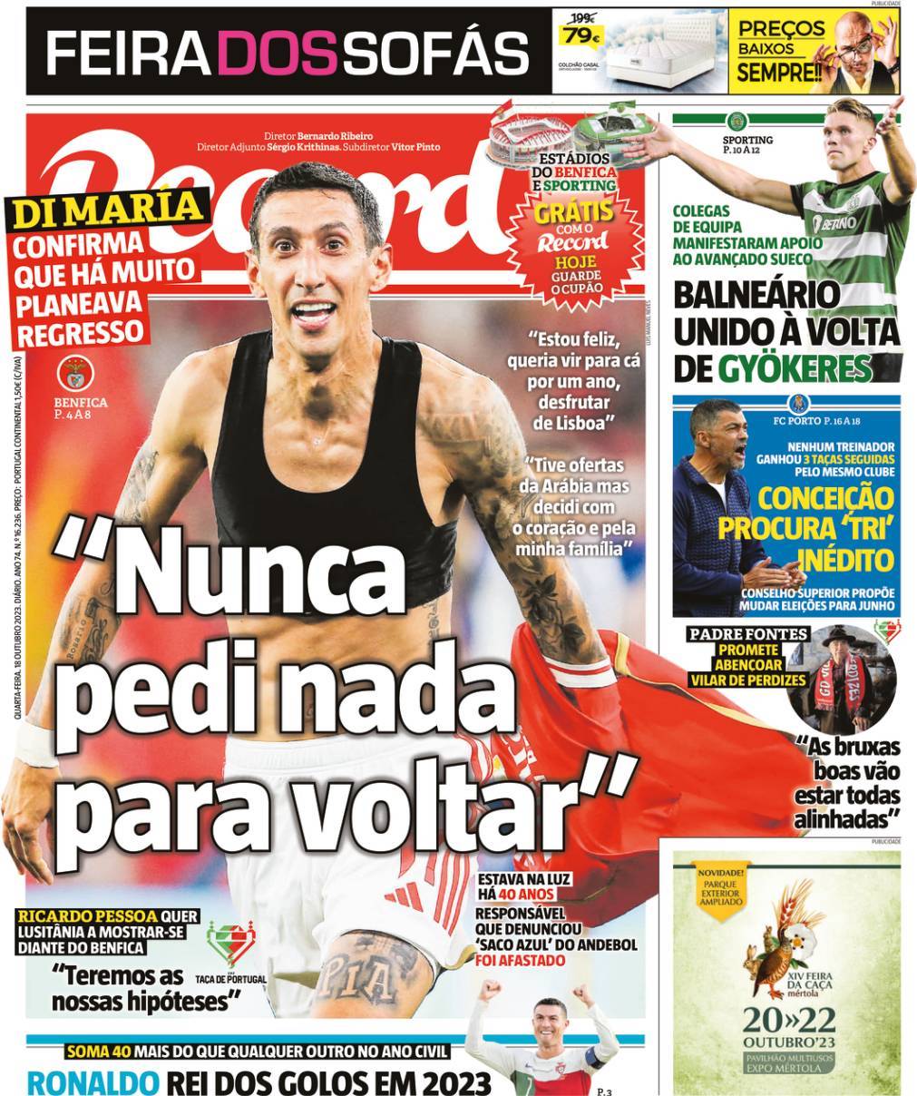 Record: Capa da Edi&ccedil;&atilde;o de quarta-feira, 18 de outubro 2023