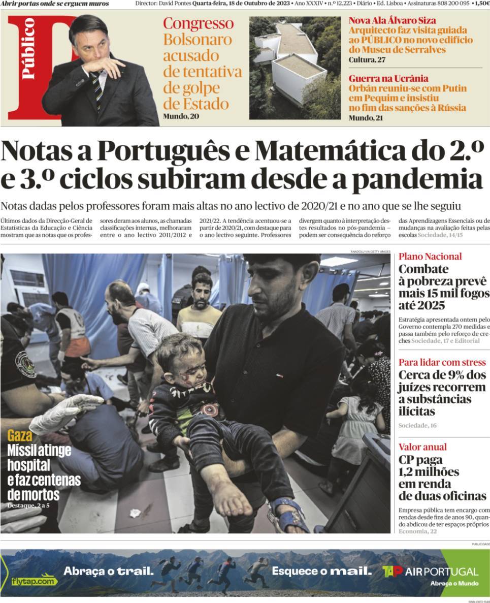 P&uacute;blico: Capa da Edi&ccedil;&atilde;o de quarta-feira, 18 de outubro 2023