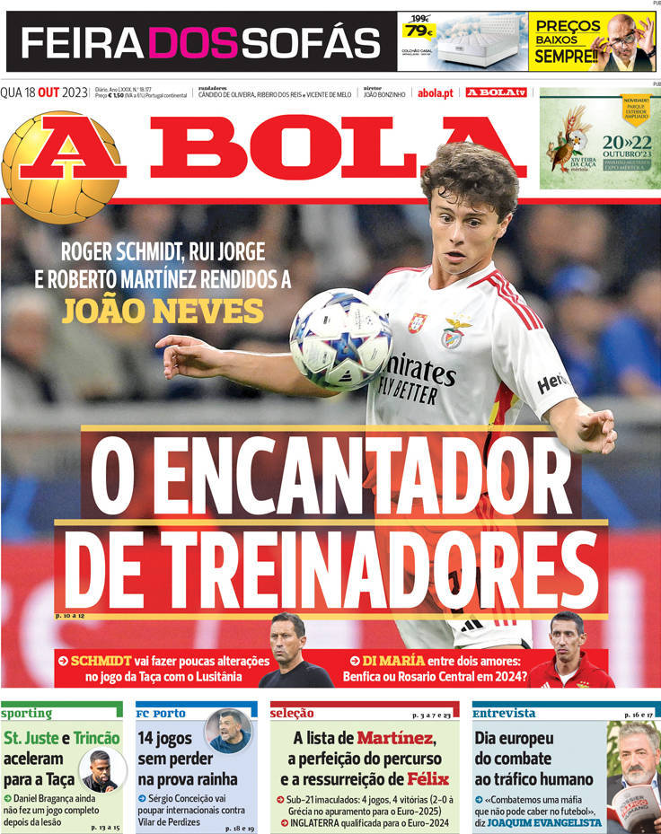 A Bola: Capa da Edi&ccedil;&atilde;o de quarta-feira, 18 de outubro 2023