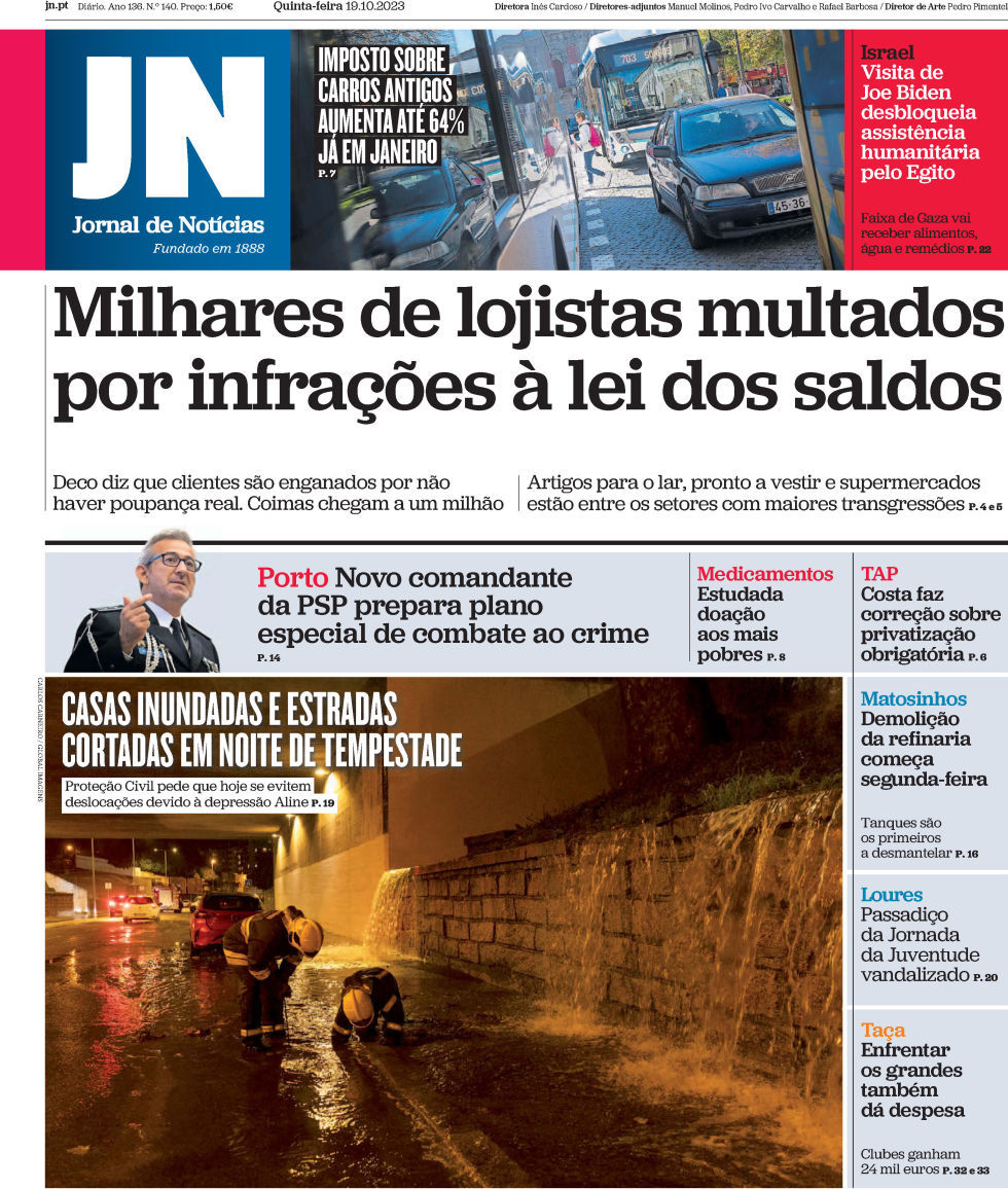 Jornal de Not&iacute;cias: Capa da Edi&ccedil;&atilde;o de quinta-feira, 19 de outubro 2023
