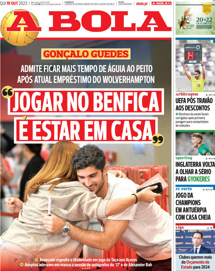 A Bola: Capa da Edi&ccedil;&atilde;o de quinta-feira, 19 de outubro 2023