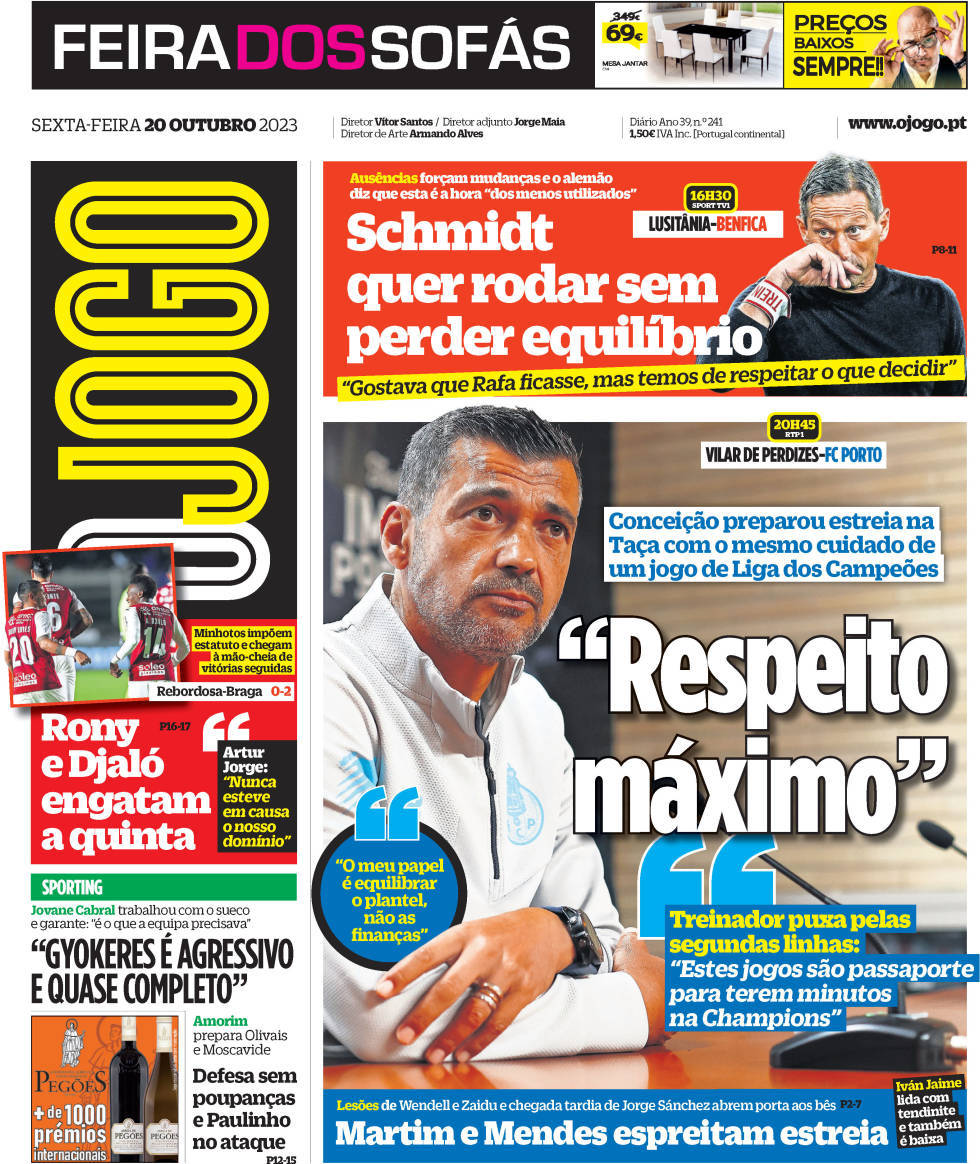 O Jogo: Capa da Edi&ccedil;&atilde;o de sexta-feira, 20 de outubro 2023