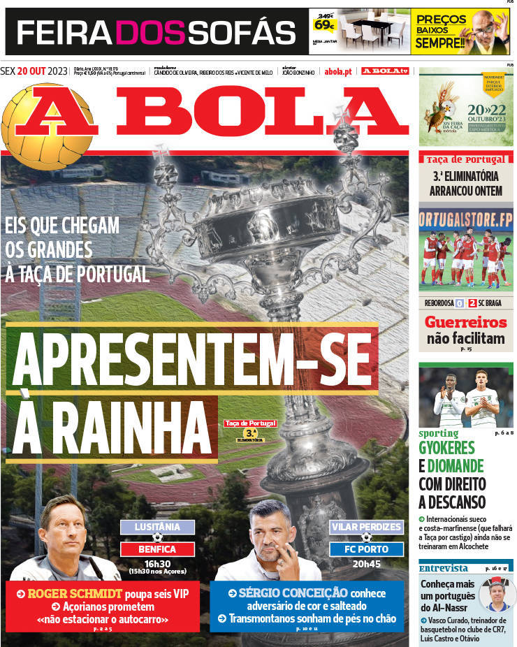 A Bola: Capa da Edi&ccedil;&atilde;o de sexta-feira, 20 de outubro 2023