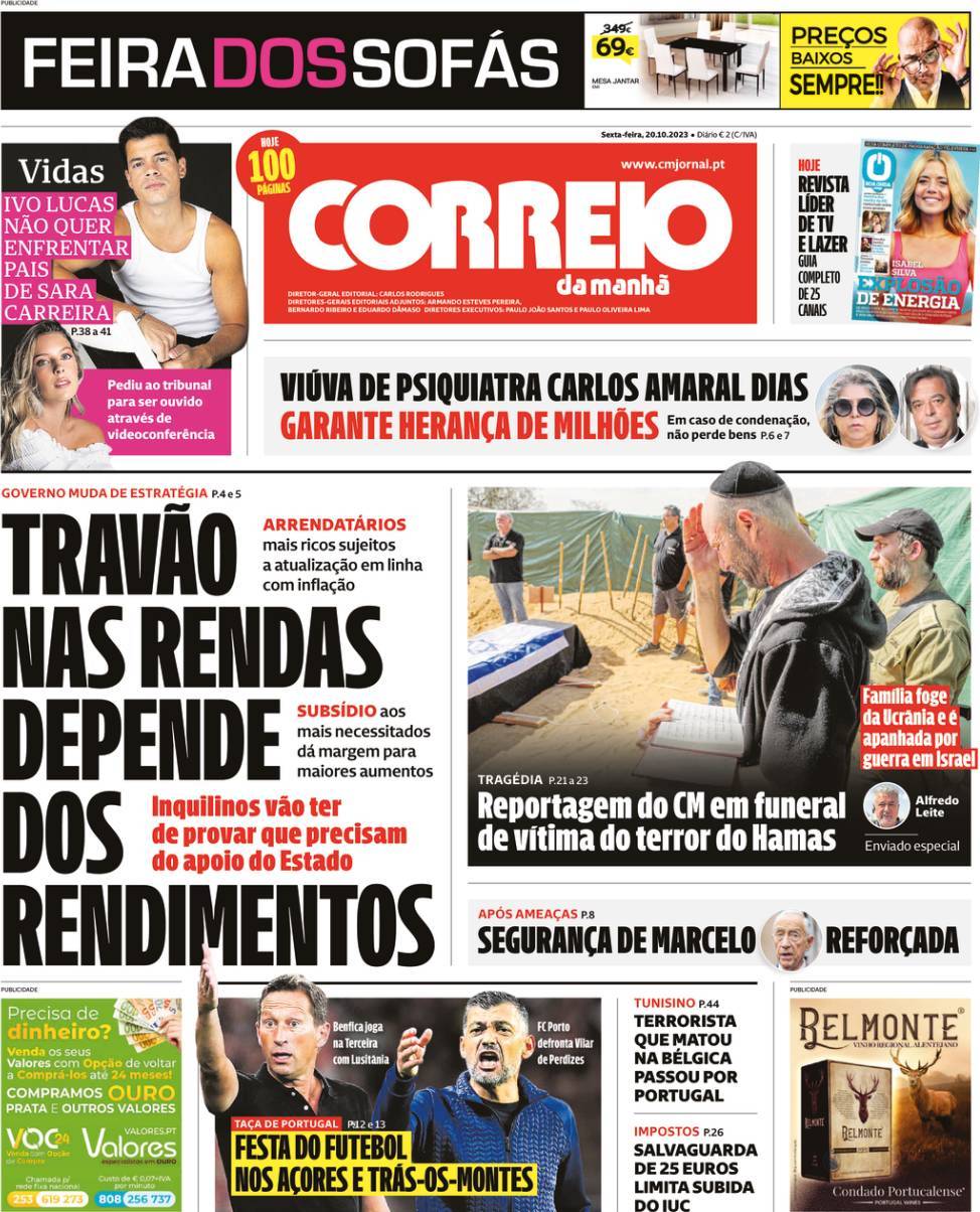 Correio da Manh&atilde;: Capa da Edi&ccedil;&atilde;o de sexta-feira, 20 de outubro 2023