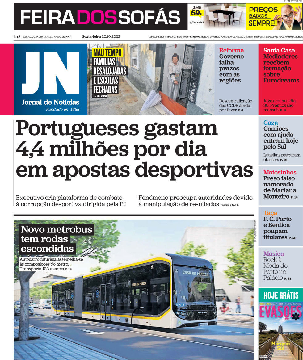 Jornal de Not&iacute;cias: Capa da Edi&ccedil;&atilde;o de sexta-feira, 20 de outubro 2023