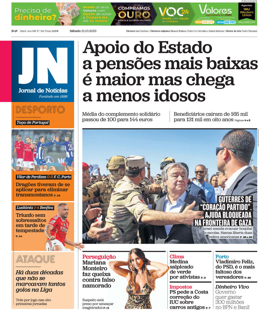 Jornal de Not&iacute;cias: Capa da Edi&ccedil;&atilde;o de s&aacute;bado, 21 de outubro 2023