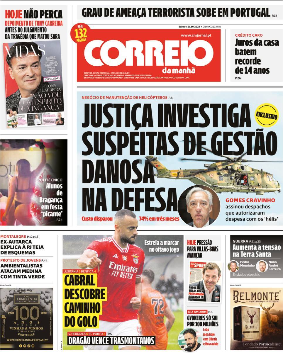 Correio da Manh&atilde;: Capa da Edi&ccedil;&atilde;o de s&aacute;bado, 21 de outubro 2023