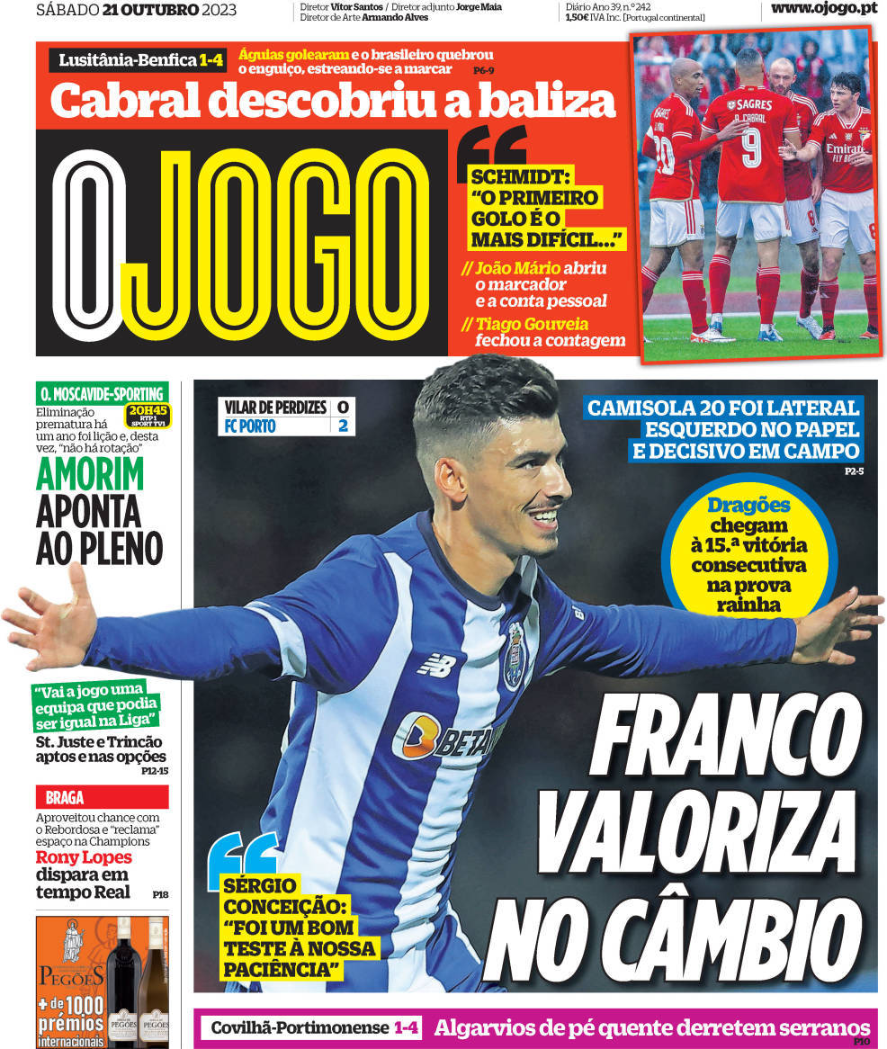 O Jogo: Capa da Edi&ccedil;&atilde;o de s&aacute;bado, 21 de outubro 2023