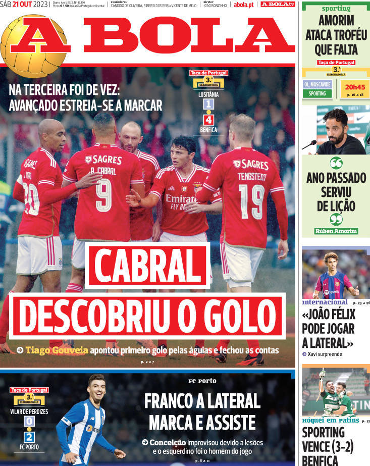 A Bola: Capa da Edi&ccedil;&atilde;o de s&aacute;bado, 21 de outubro 2023