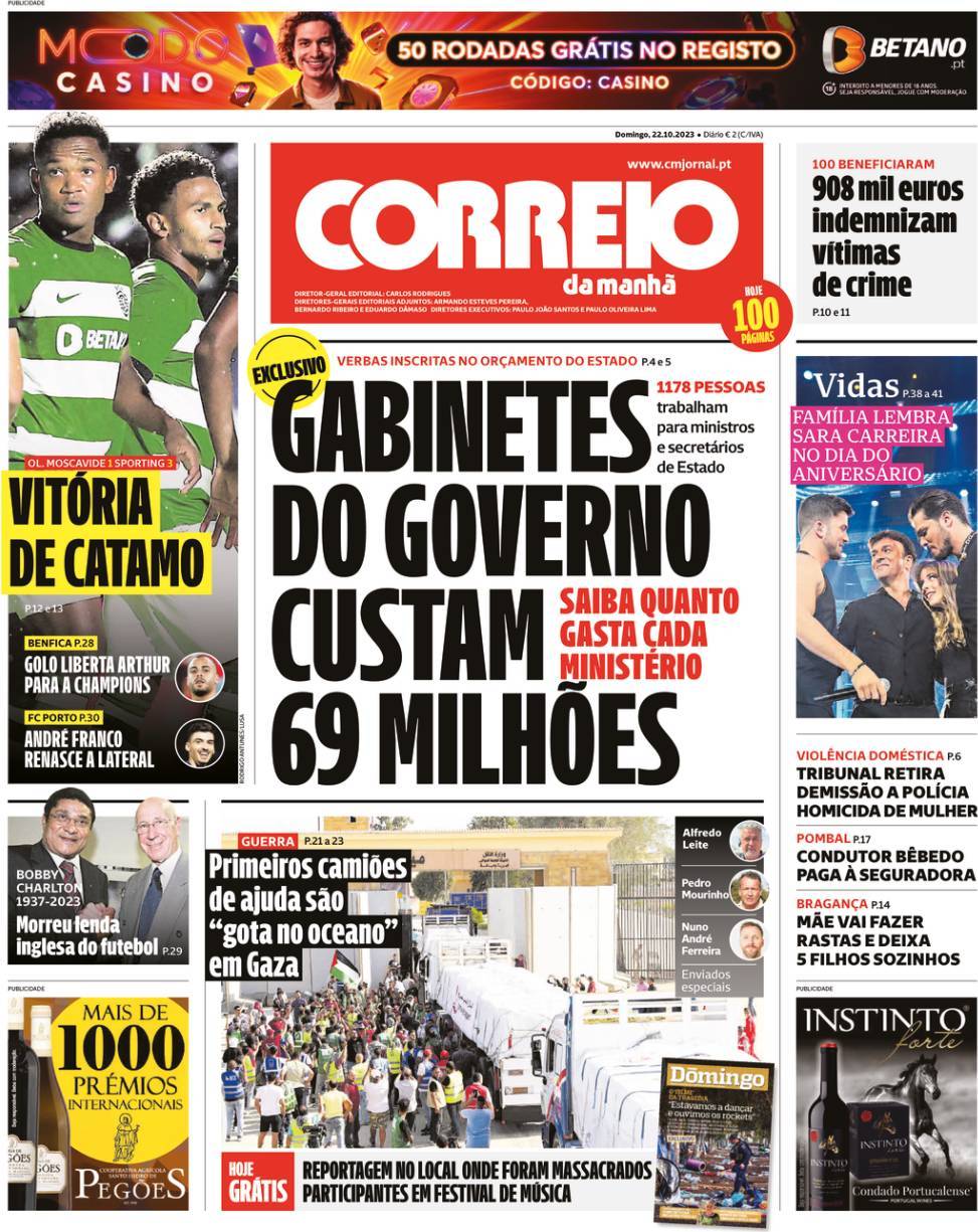 Correio da Manh&atilde;: Capa da Edi&ccedil;&atilde;o de domingo, 22 de outubro 2023