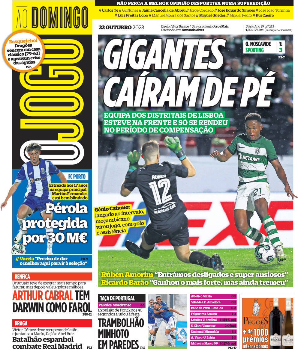 O Jogo: Capa da Edi&ccedil;&atilde;o de domingo, 22 de outubro 2023