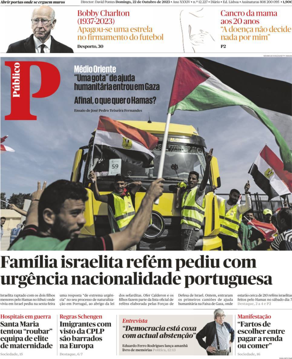 P&uacute;blico: Capa da Edi&ccedil;&atilde;o de domingo, 22 de outubro 2023