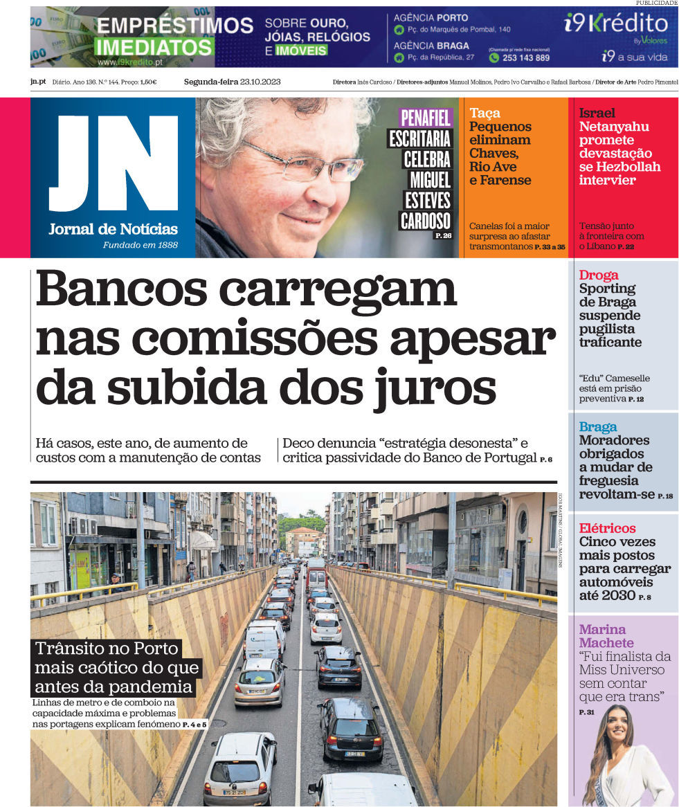 Jornal de Not&iacute;cias: Capa da Edi&ccedil;&atilde;o de segunda-feira, 23 de outubro 2023