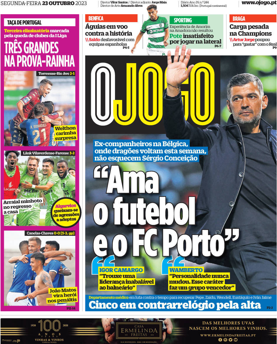 O Jogo: Capa da Edi&ccedil;&atilde;o de segunda-feira, 23 de outubro 2023