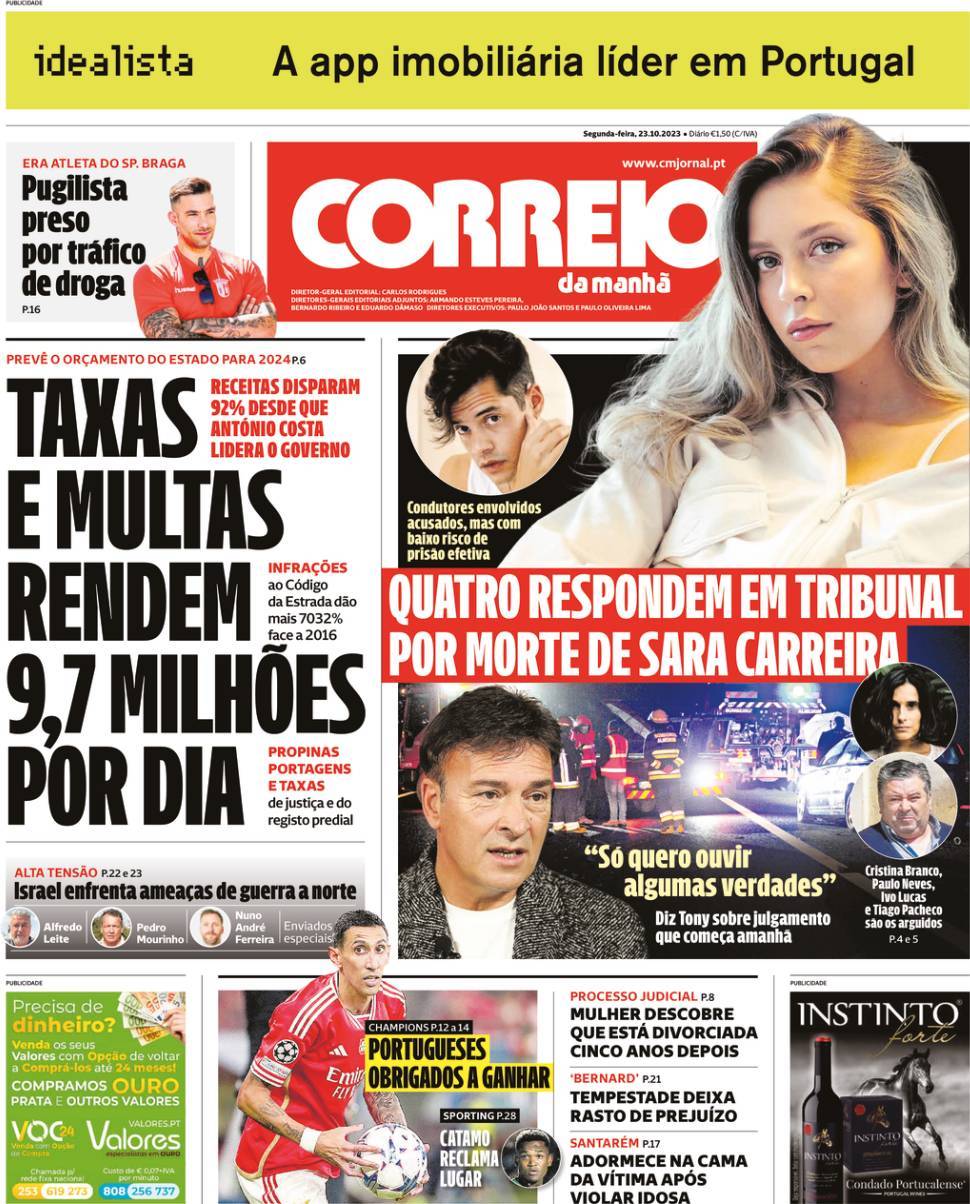 Correio da Manh&atilde;: Capa da Edi&ccedil;&atilde;o de segunda-feira, 23 de outubro 2023