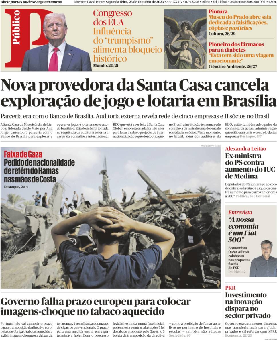 P&uacute;blico: Capa da Edi&ccedil;&atilde;o de segunda-feira, 23 de outubro 2023