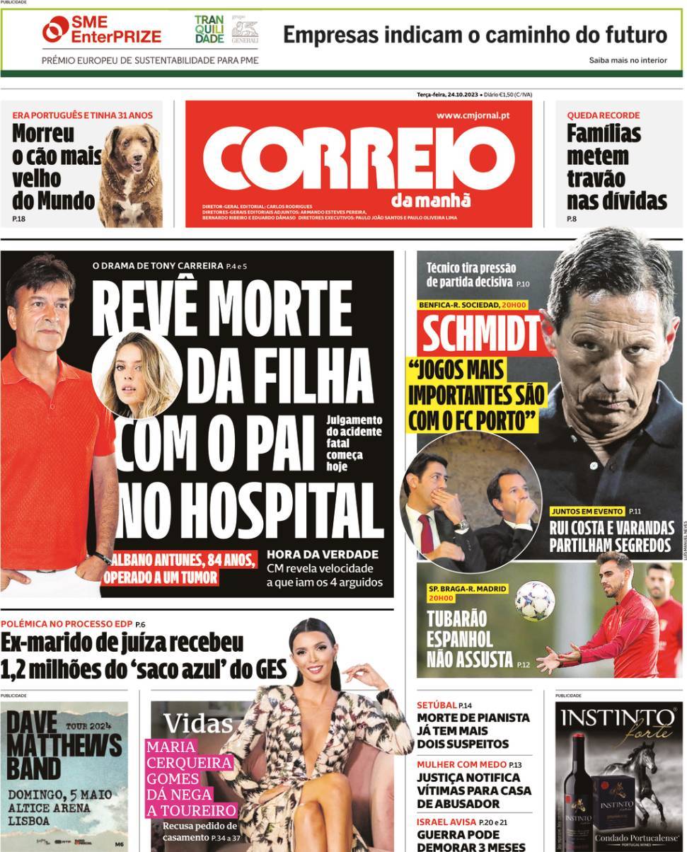 Correio da Manh&atilde;: Capa da Edi&ccedil;&atilde;o de ter&ccedil;a-feira, 24 de outubro 2023