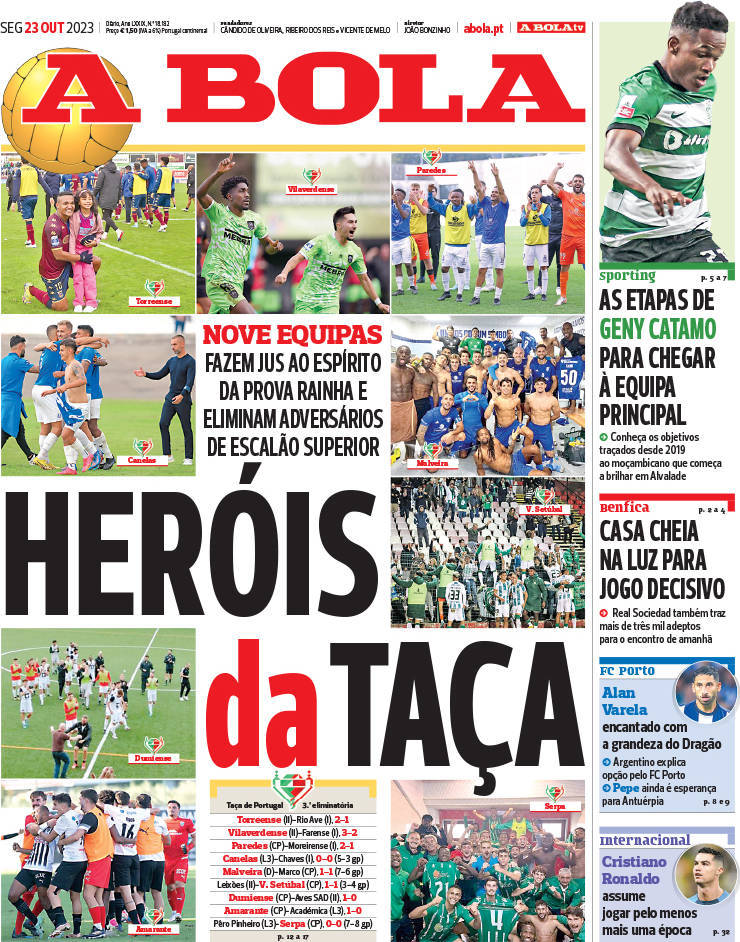 A Bola: Capa da Edi&ccedil;&atilde;o de segunda-feira, 23 de outubro 2023