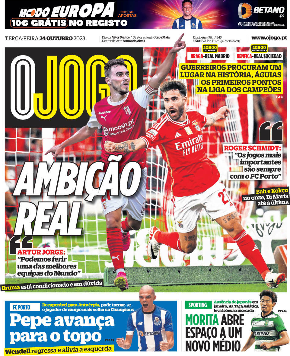 O Jogo: Capa da Edi&ccedil;&atilde;o de ter&ccedil;a-feira, 24 de outubro 2023