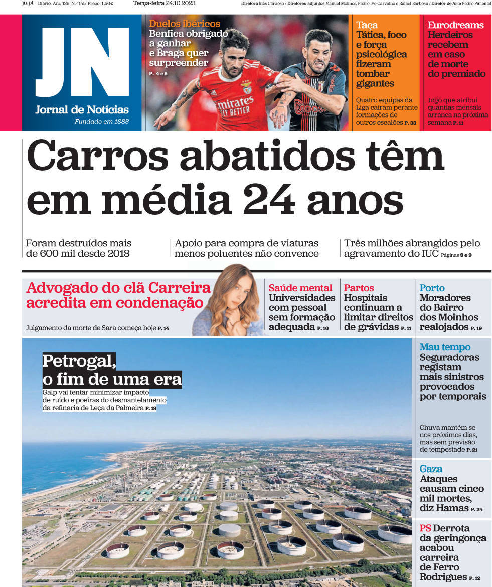 Jornal de Not&iacute;cias: Capa da Edi&ccedil;&atilde;o de ter&ccedil;a-feira, 24 de outubro 2023