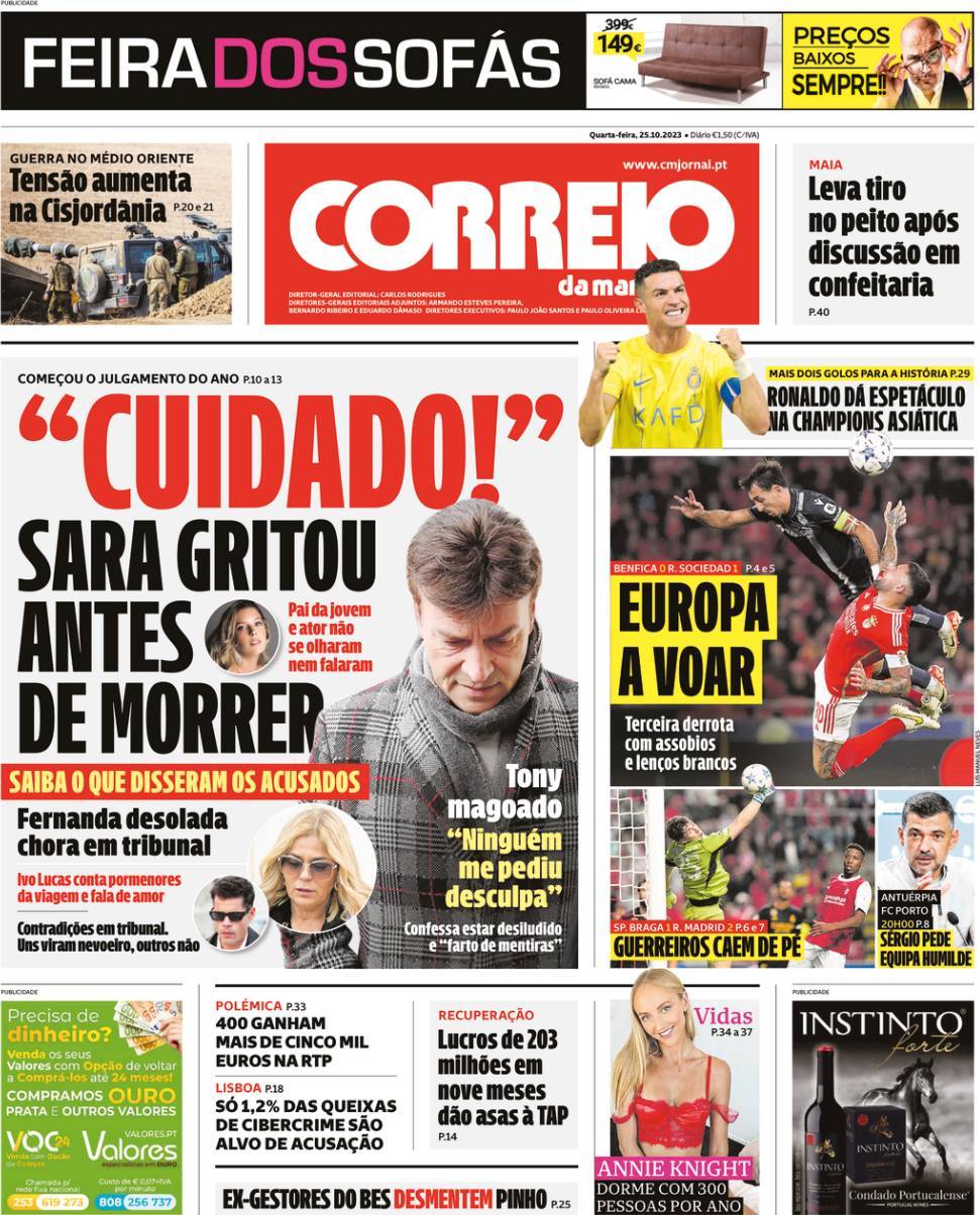 Correio da Manh&atilde;: Capa da Edi&ccedil;&atilde;o de quarta-feira, 25 de outubro 2023