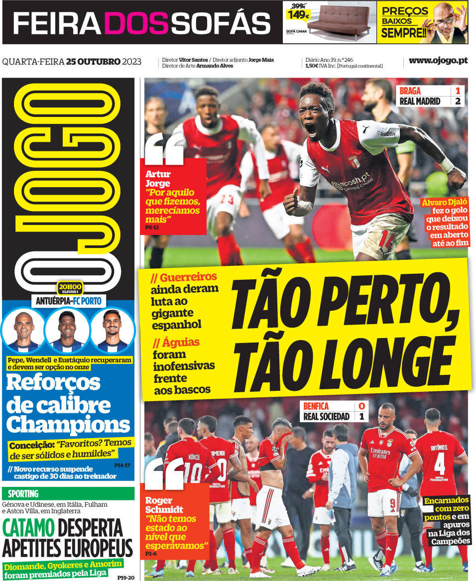 O Jogo: Capa da Edi&ccedil;&atilde;o de quarta-feira, 25 de outubro 2023