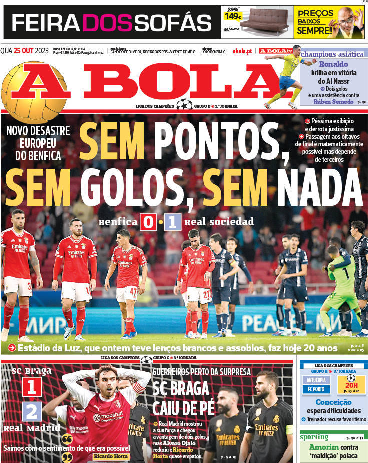 A Bola: Capa da Edi&ccedil;&atilde;o de quarta-feira, 25 de outubro 2023