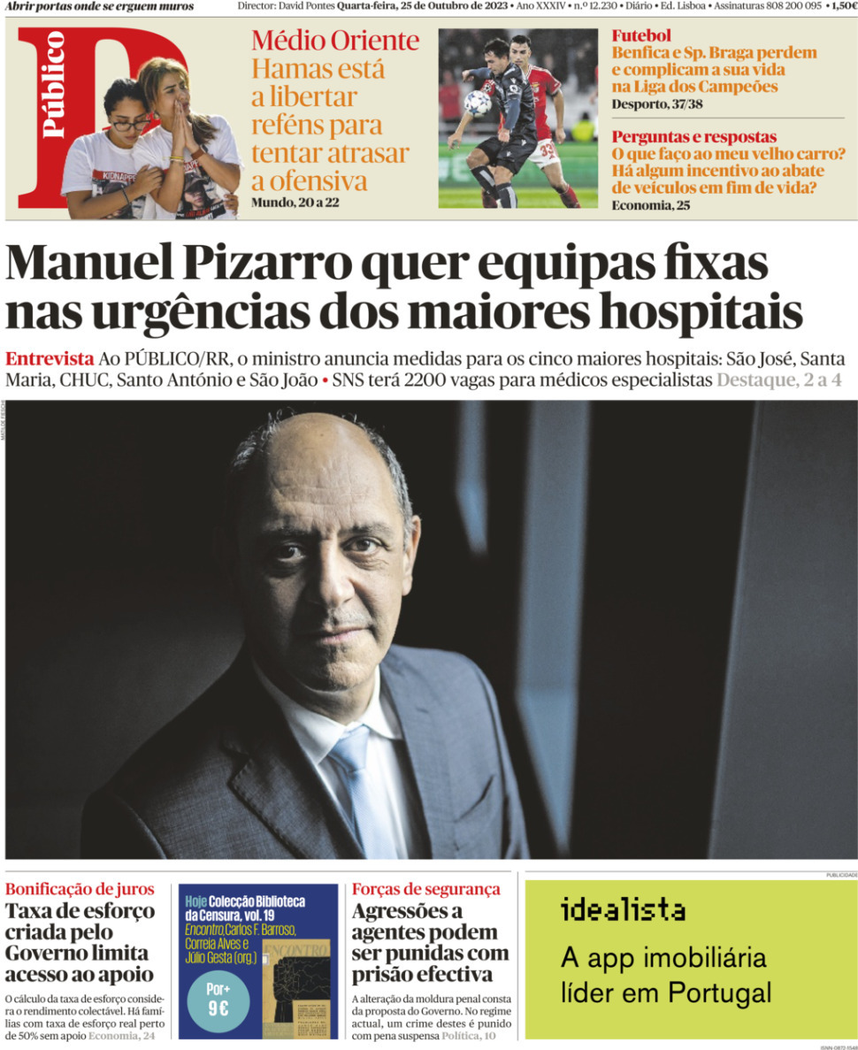 P&uacute;blico: Capa da Edi&ccedil;&atilde;o de quarta-feira, 25 de outubro 2023