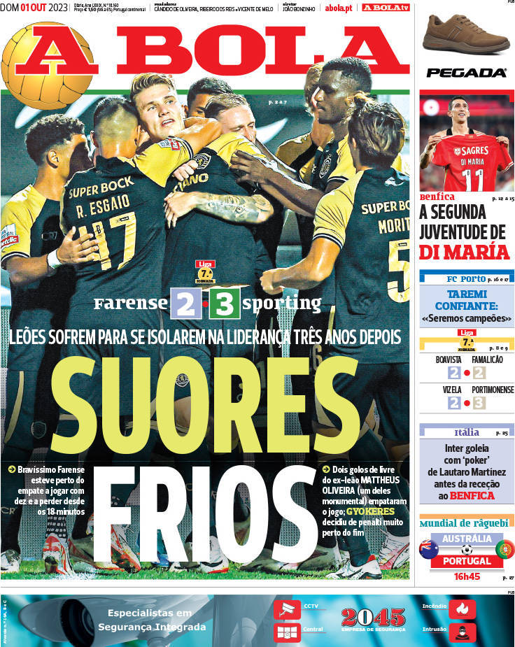 A Bola: Capa da Edi&ccedil;&atilde;o de domingo, 01 de outubro 2023