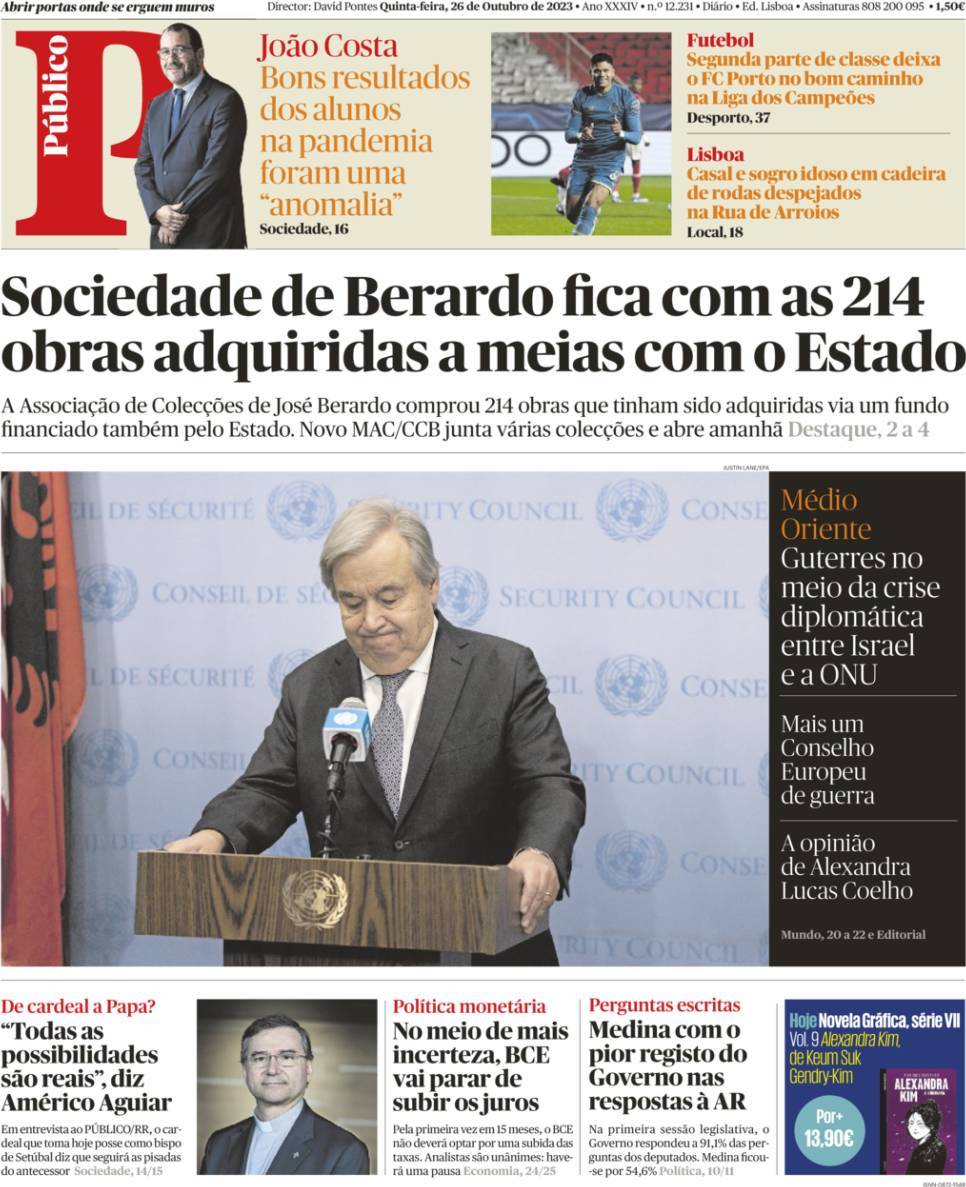 P&uacute;blico: Capa da Edi&ccedil;&atilde;o de quinta-feira, 26 de outubro 2023