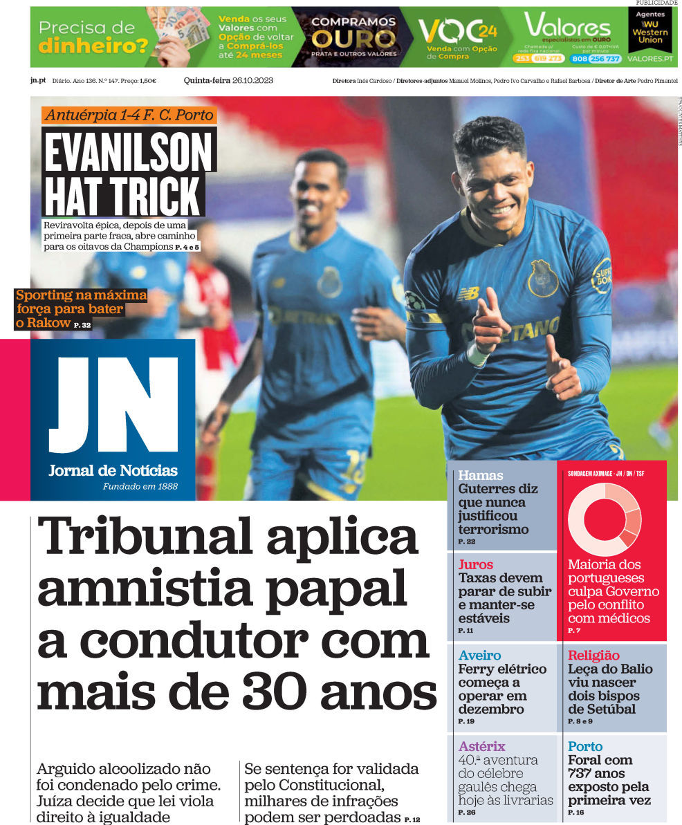 Jornal de Not&iacute;cias: Capa da Edi&ccedil;&atilde;o de quinta-feira, 26 de outubro 2023