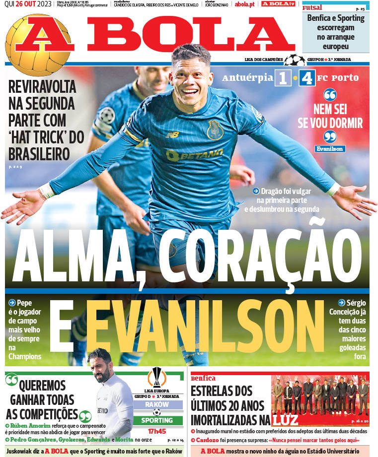 A Bola: Capa da Edi&ccedil;&atilde;o de quinta-feira, 26 de outubro 2023