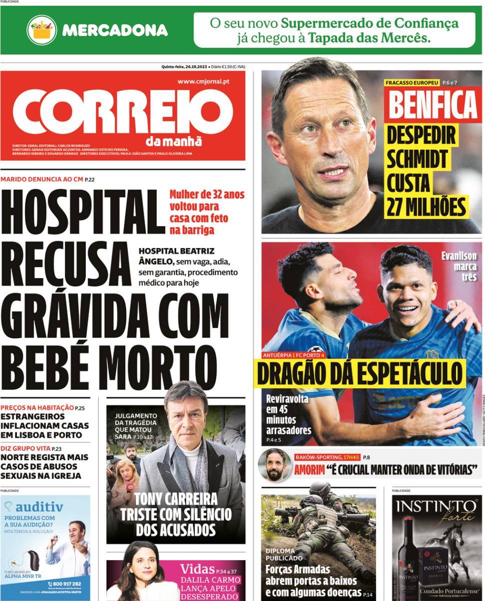 Correio da Manh&atilde;: Capa da Edi&ccedil;&atilde;o de quinta-feira, 26 de outubro 2023